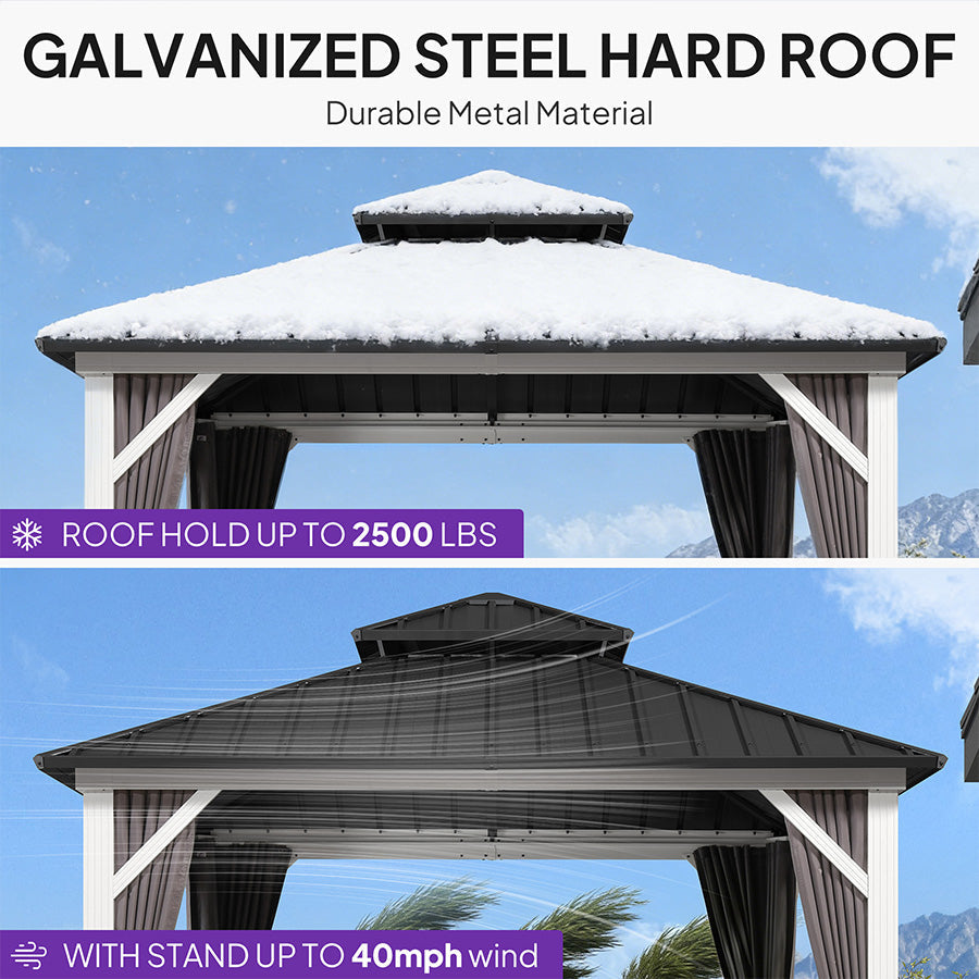 PURPLE LEAF Modern Gazebo Grey Hardtop Galvanized Steel Double Roof White Aluminum Poles with Curtains and Netting