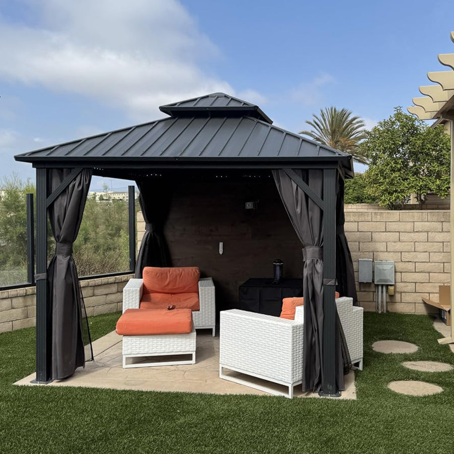 PURPLE LEAF Grey Hardtop Gazebo with Heavy Duty Galvanized Steel Double Roof with Netting and Curtains