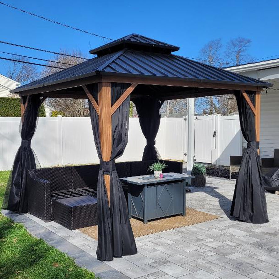 PURPLE LEAF Metal Gazebo Double Roof Wood Grain Aluminum Frame with Curtains and Netting with Lights-clear