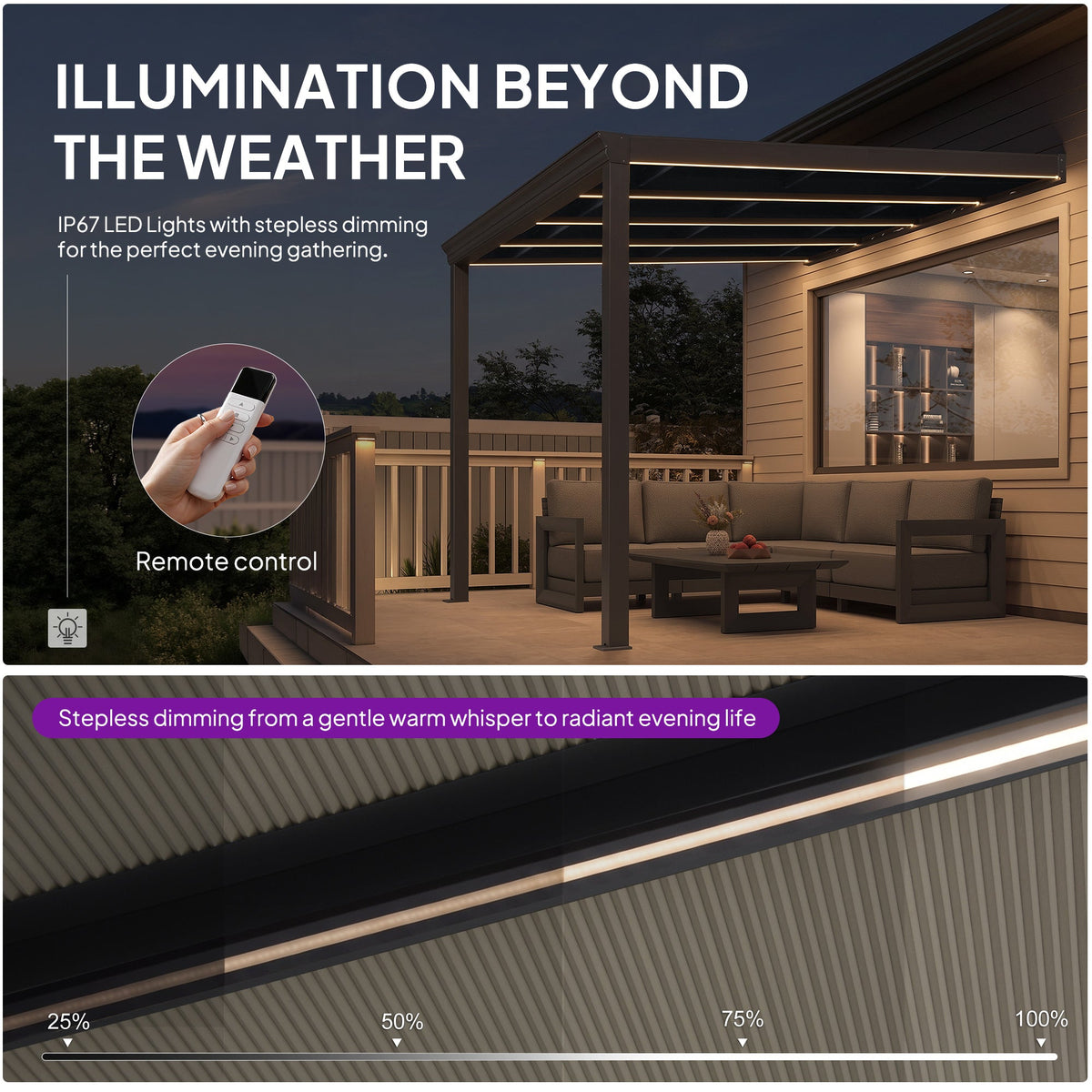 PURPLE LEAF Wall Mounted Gazebo with Gray Polycarbonate Roof Aluminum Frame Patio Cover with Strip Light for Porch