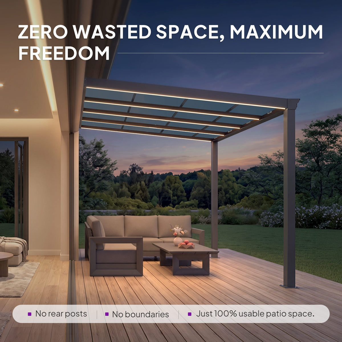 PURPLE LEAF Wall Mounted Gazebo with Gray Polycarbonate Roof Aluminum Frame Patio Cover with Strip Light for Porch