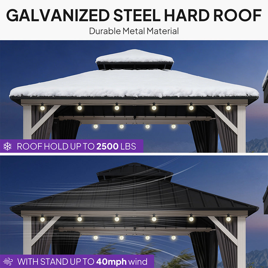 PURPLE LEAF Modern Gazebo Grey Hardtop Galvanized Steel Double Roof White Aluminum Poles with Curtains and Netting with Lights-clear