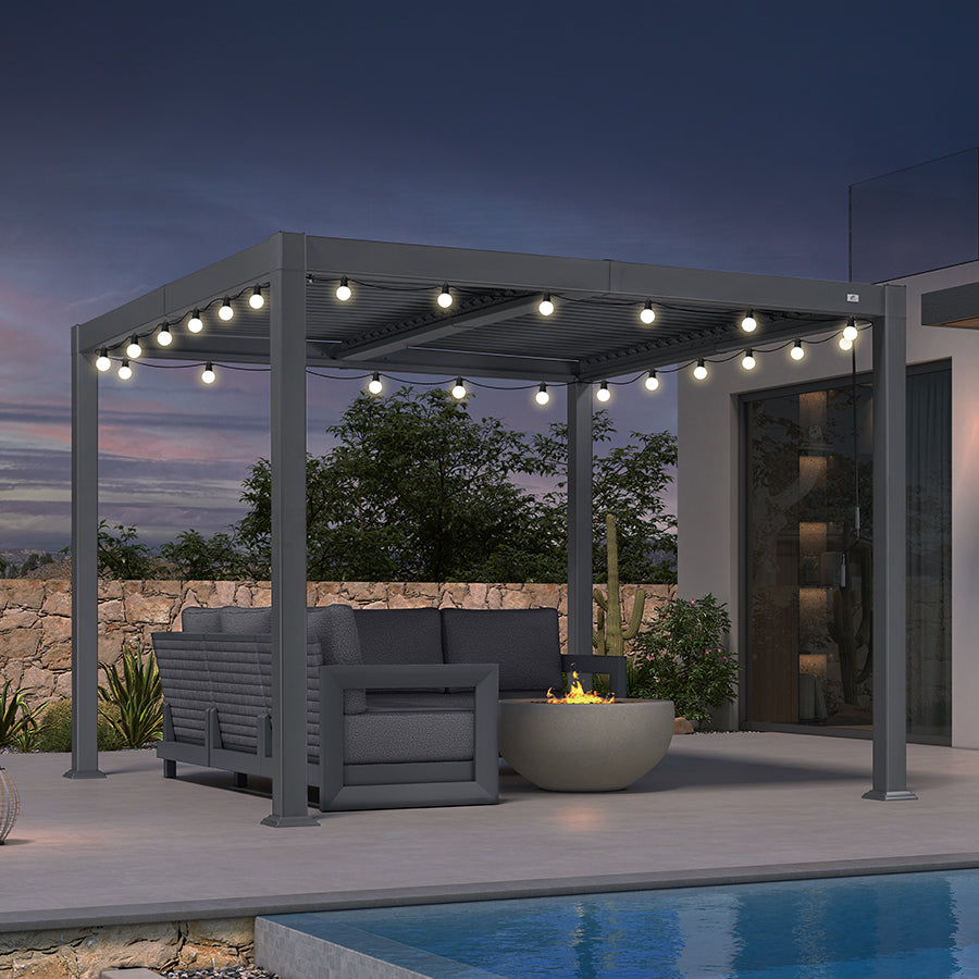 PURPLE LEAF Caesar Louvered Pergola with Milky String Lights Patio Aluminum Pergola with Independent Adjustable Rainproof Roof Hardtop Pergola for Outdoor Deck Garden Yard