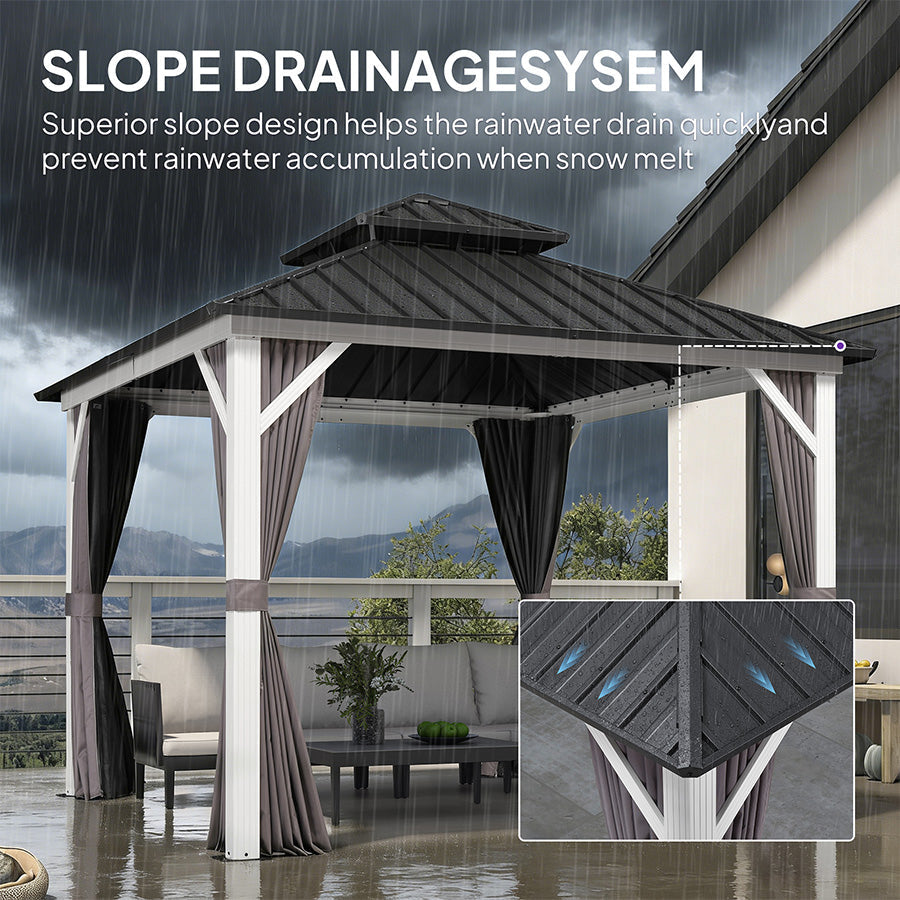 PURPLE LEAF Modern Gazebo Grey Hardtop Galvanized Steel Double Roof White Aluminum Poles with Curtains and Netting