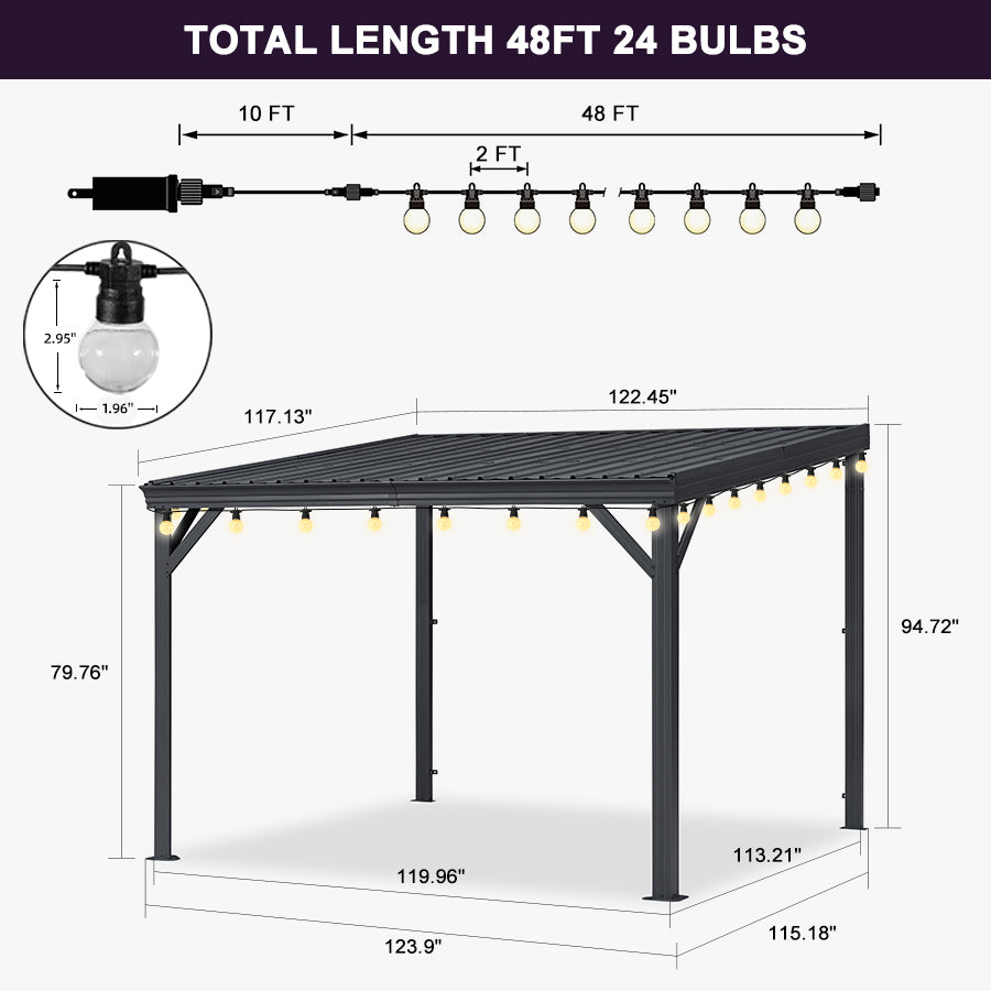 PURPLE LEAF Lean to Gazebo Metal Roof Patio Cover Built-in Drain Slots Wall Mounted Gazebo with Lights-clear for Outdoor Extension