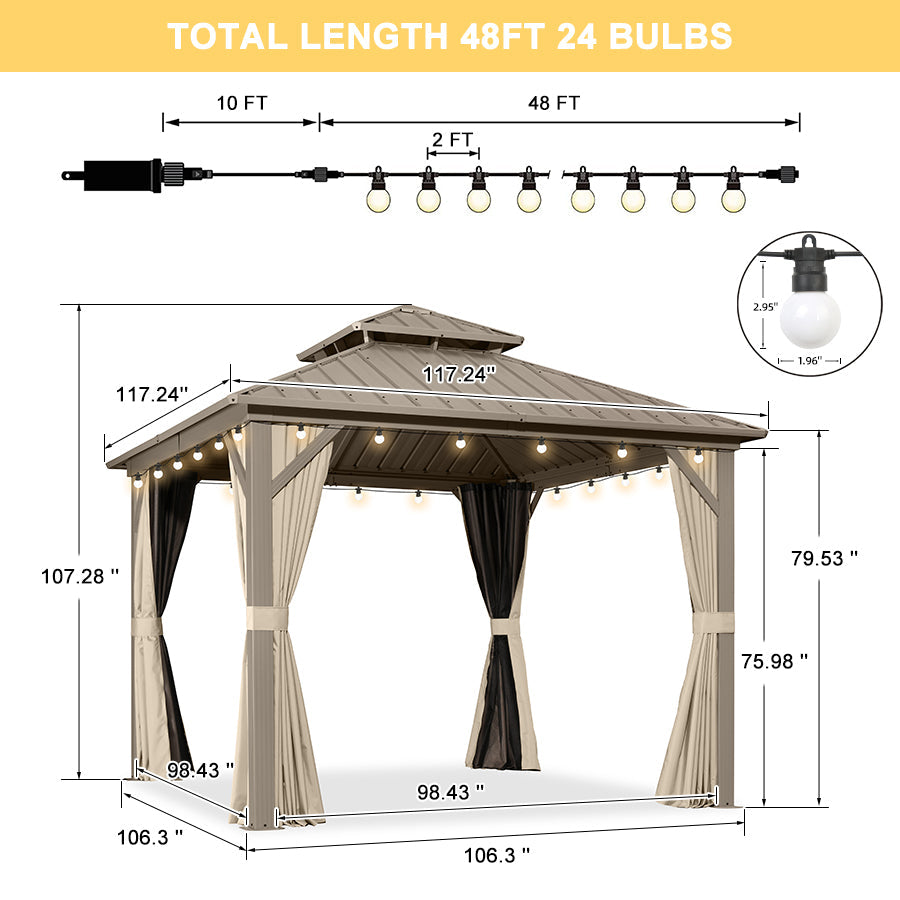 PURPLE LEAF Deck Gazebo Champagne Hardtop Metal Frame Double Roof with Curtains and Netting with Lights-milky
