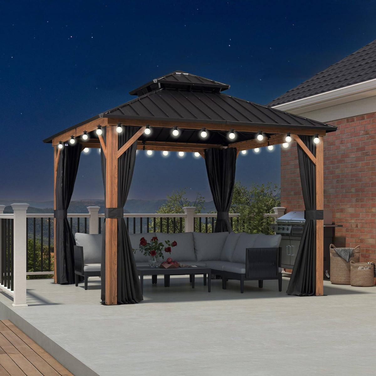 PURPLE LEAF Metal Gazebo Double Roof Wood Grain Aluminum Frame with Curtains and Netting with Lights-milky