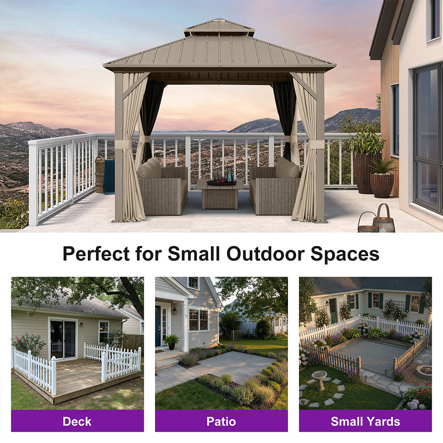 PURPLE LEAF Deck Gazebo Champagne Hardtop Metal Frame Double Roof with Curtains and Netting