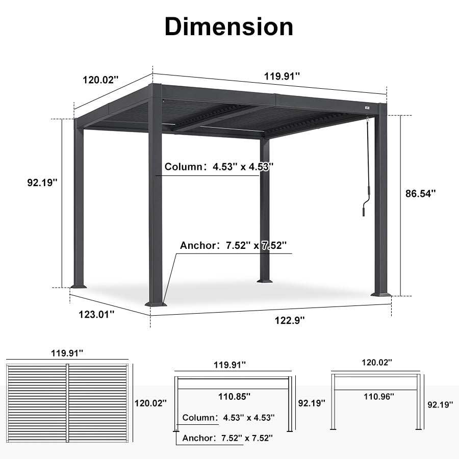 PURPLE LEAF Caesar Solar Louvered Pergola with LED Strip Lights and Control Panel Aluminum Outdoor Pergola with Adjustable Roof for Patio Deck Garden Yard Gray