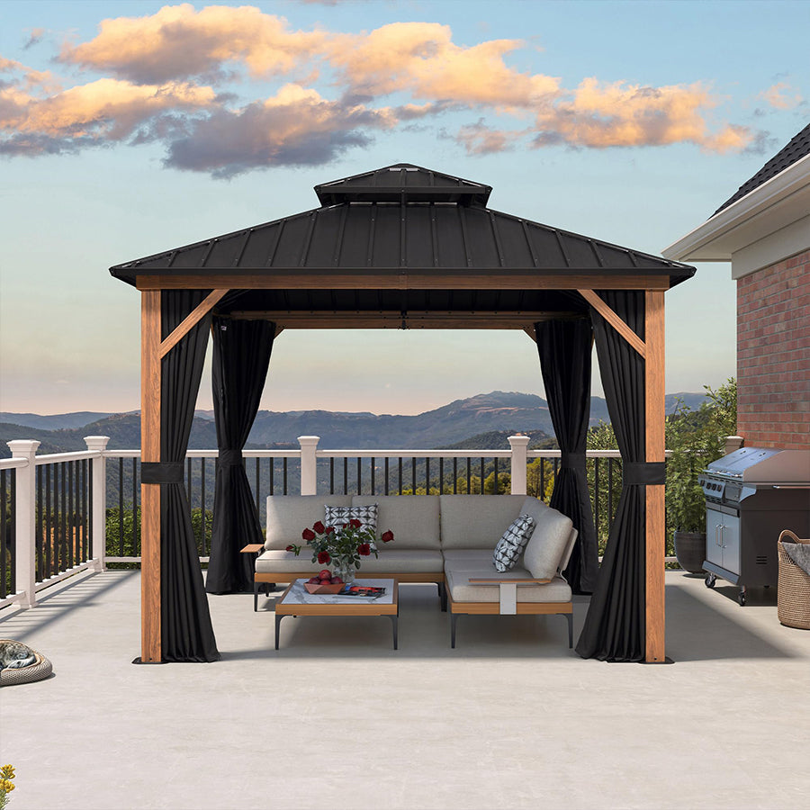 PURPLE LEAF Metal Gazebo Double Roof Wood Grain Aluminum Frame with Curtains and Netting