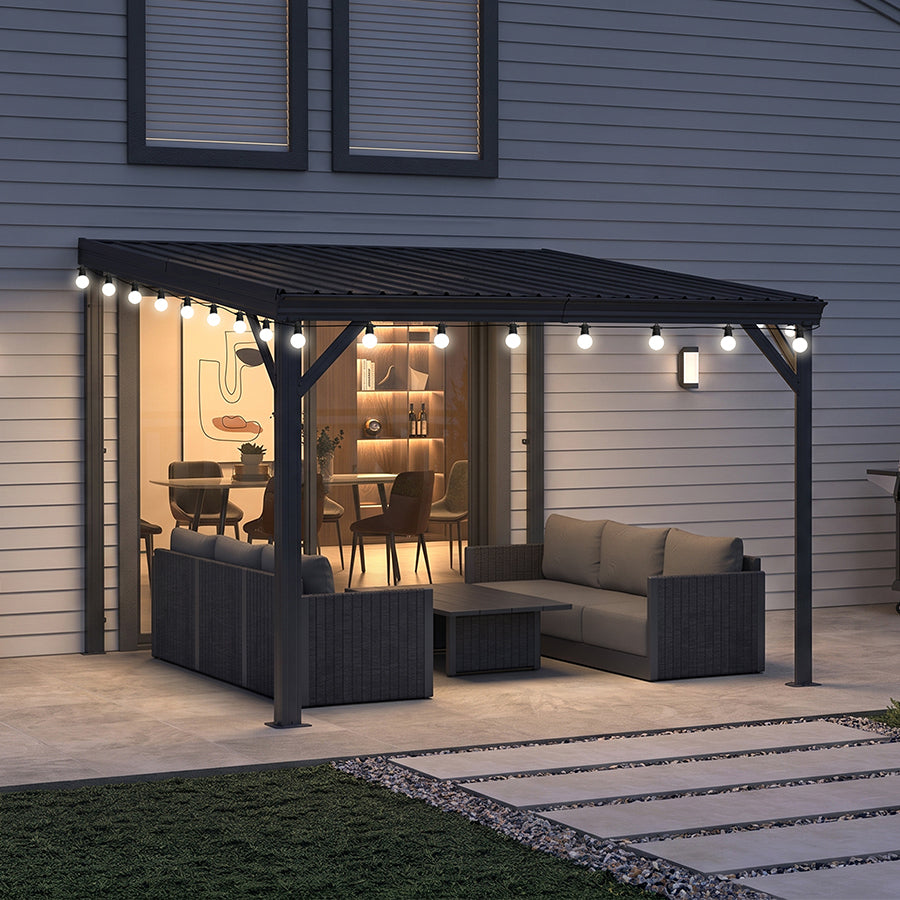 PURPLE LEAF Lean to Gazebo Metal Roof Patio Cover Built-in Drain Slots Wall Mounted Gazebo with Lights-milky for Outdoor Extension
