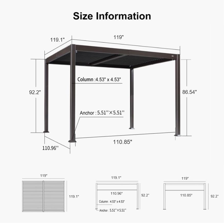 PURPLE LEAF Caesar Louvered Pergola Outdoor Adjustable Roof Modern Patio Aluminum Pergola for Deck Backyard Garden Hardtop Gazebo Bronze