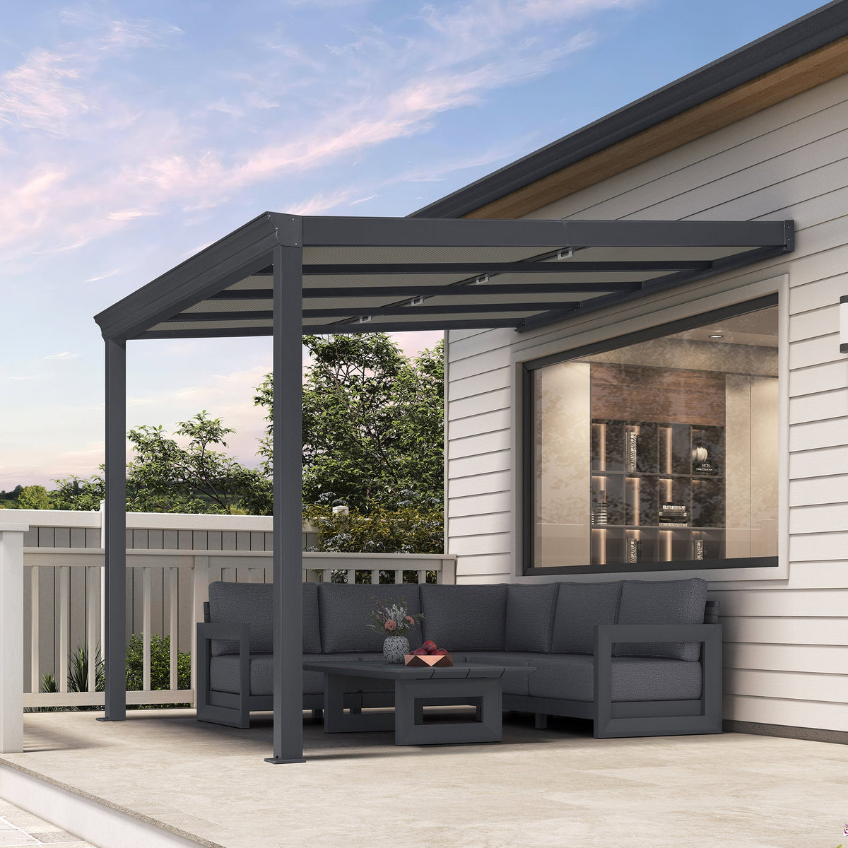 PURPLE LEAF Wall Mounted Gazebo with Gray Polycarbonate Roof Aluminum Frame Patio Cover with Retractable Pleated Shades for Porch