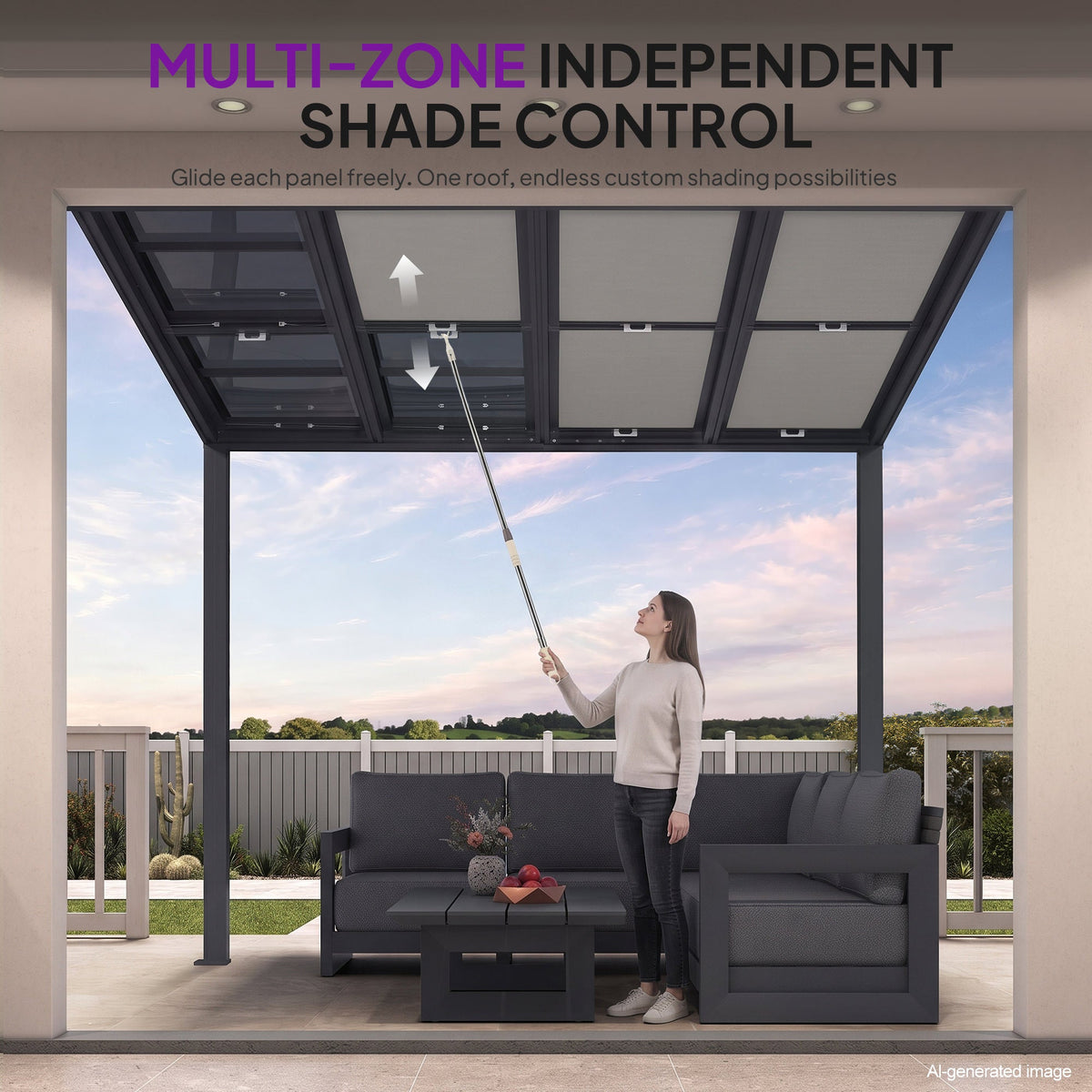 PURPLE LEAF Wall Mounted Gazebo with Gray Polycarbonate Roof Aluminum Frame Patio Cover with Retractable Pleated Shades and LED Strip Light