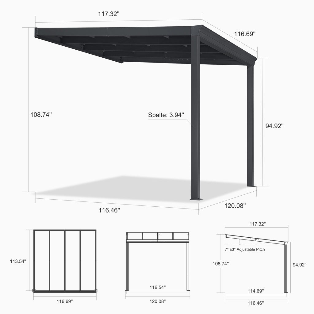 PURPLE LEAF Wall Mounted Gazebo with Gray Polycarbonate Roof Aluminum Frame Patio Cover for Porch