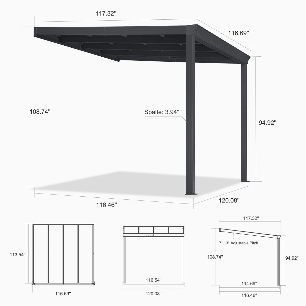 PURPLE LEAF Wall Mounted Gazebo with Gray Polycarbonate Roof Aluminum Frame Patio Cover for Porch
