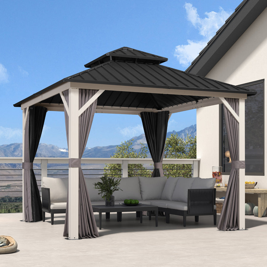 PURPLE LEAF Modern Gazebo Grey Hardtop Galvanized Steel Double Roof White Aluminum Poles with Curtains and Netting