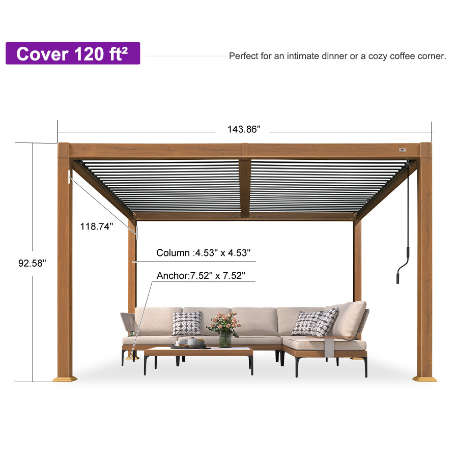 PURPLE LEAF Caesar Louvered Pergola Outdoor Wood Grain Frame Gray  Roof Aluminum Pergola with Adjustable Roof Patio Hardtop Gazebo for Backyard Garden