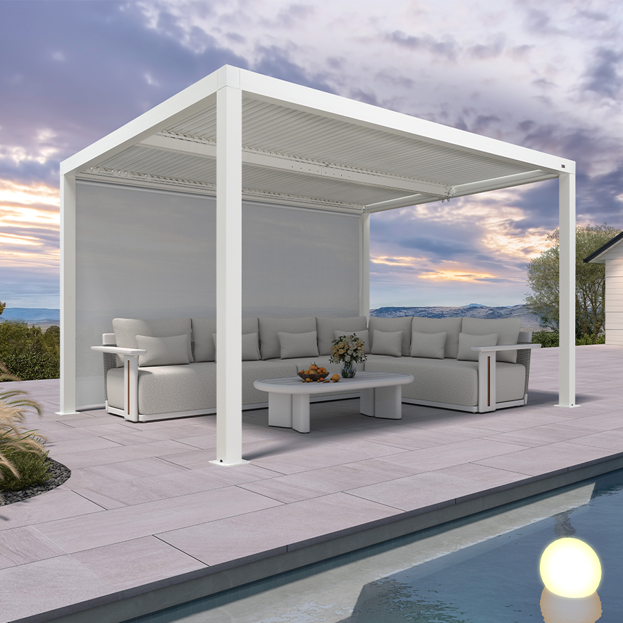 PURPLE LEAF Athena Louvered Pergola White Outdoor Aluminum Pergola with Solid Color Roller Blind Adjustable Gazebo for Patio Deck Garden