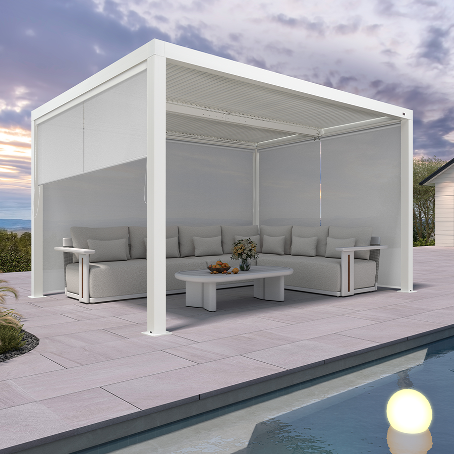 PURPLE LEAF Athena Louvered Pergola White Outdoor Aluminum Pergola with Solid Color Roller Blind Adjustable Gazebo for Patio Deck Garden