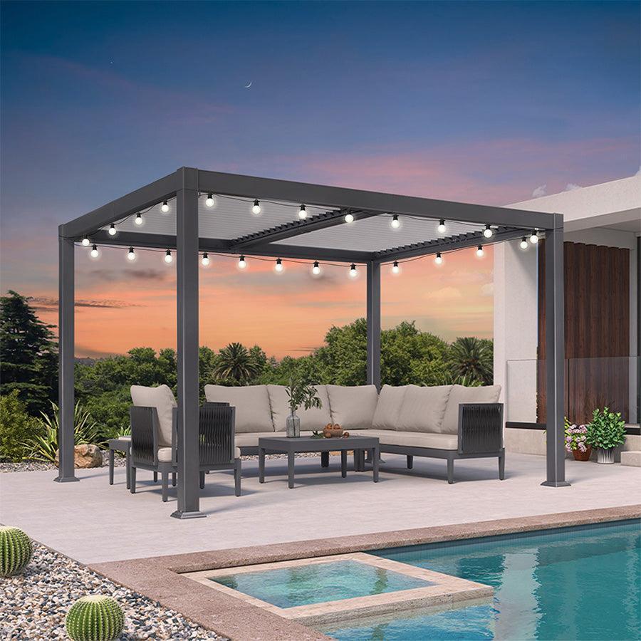 PURPLE LEAF Caesar Louvered Pergola with Milky String Lights Patio Aluminum Pergola with Independent Adjustable Rainproof Roof Hardtop Pergola for Outdoor Deck Garden Yard