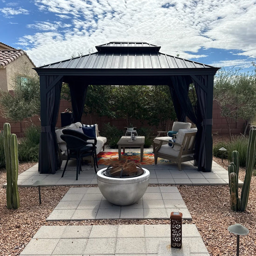 PURPLE LEAF Patio Gazebo for Backyard Grey Hardtop Galvanized Steel Roof Awning String Lights-milky