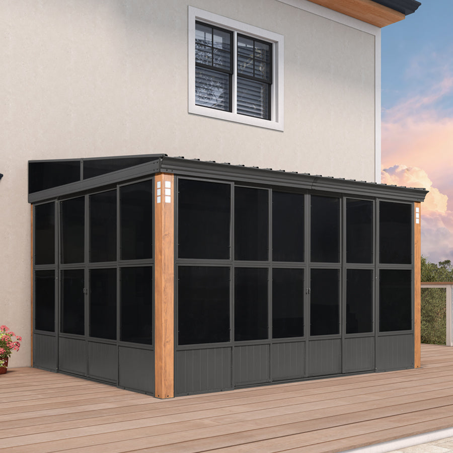 PURPLE LEAF Wall Mounted Sunroom Galvanized Steel Sloped Roof Lean-to Enclosed Aluminum Grey Frame Wood Grain Columns for Outdoor Home Extension