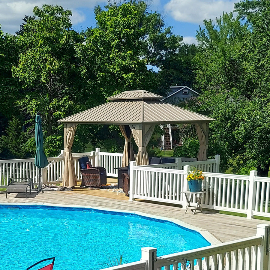 PURPLE LEAF Deck Gazebo Champagne Hardtop Metal Frame Double Roof with Curtains and Netting