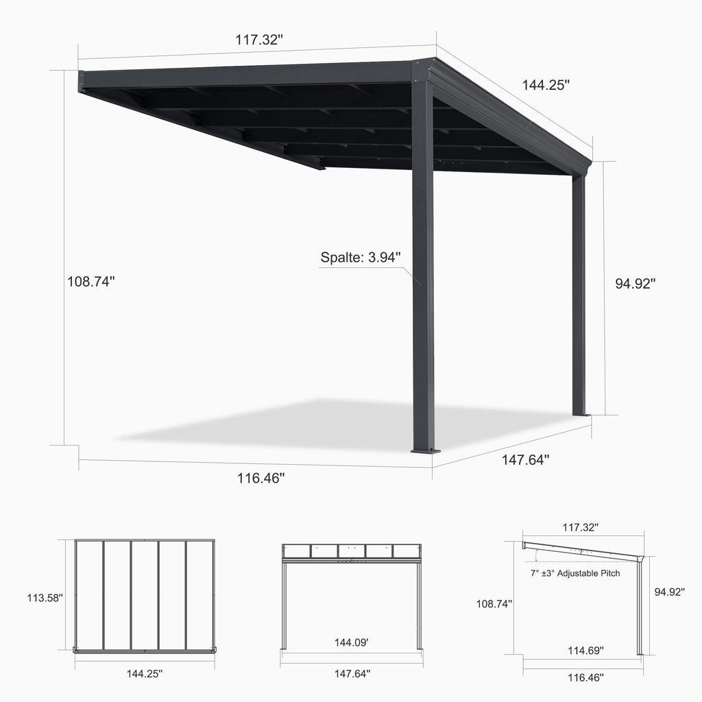 PURPLE LEAF Wall Mounted Gazebo with Gray Polycarbonate Roof Aluminum Frame Patio Cover for Porch