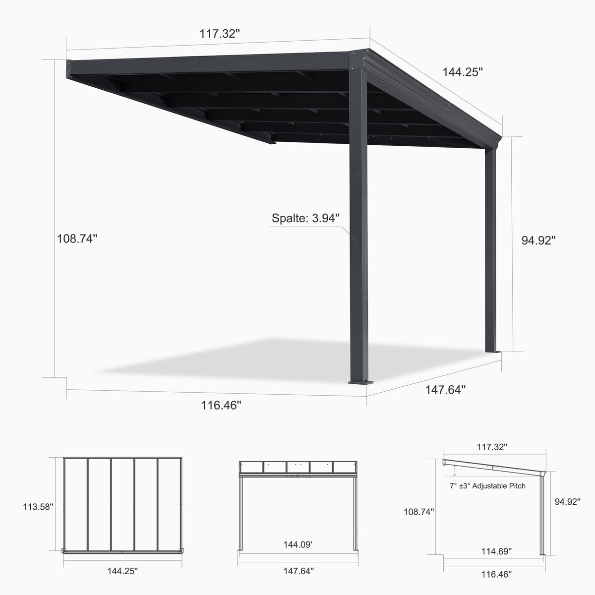 PURPLE LEAF Wall Mounted Gazebo with Gray Polycarbonate Roof Aluminum Frame Patio Cover for Porch