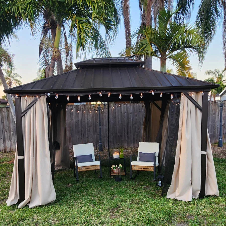 PURPLE LEAF Hardtop Gazebo Featuring Galvanized Steel Double Roof and Bronze Aluminum Frame with Curtains and Netting for Backyard with Lights-milky