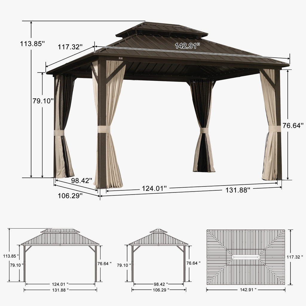 PURPLE LEAF Hardtop Gazebo Featuring Galvanized Steel Double Roof and Bronze Aluminum Frame with Curtains Netting and Reinforcement Support Rods
