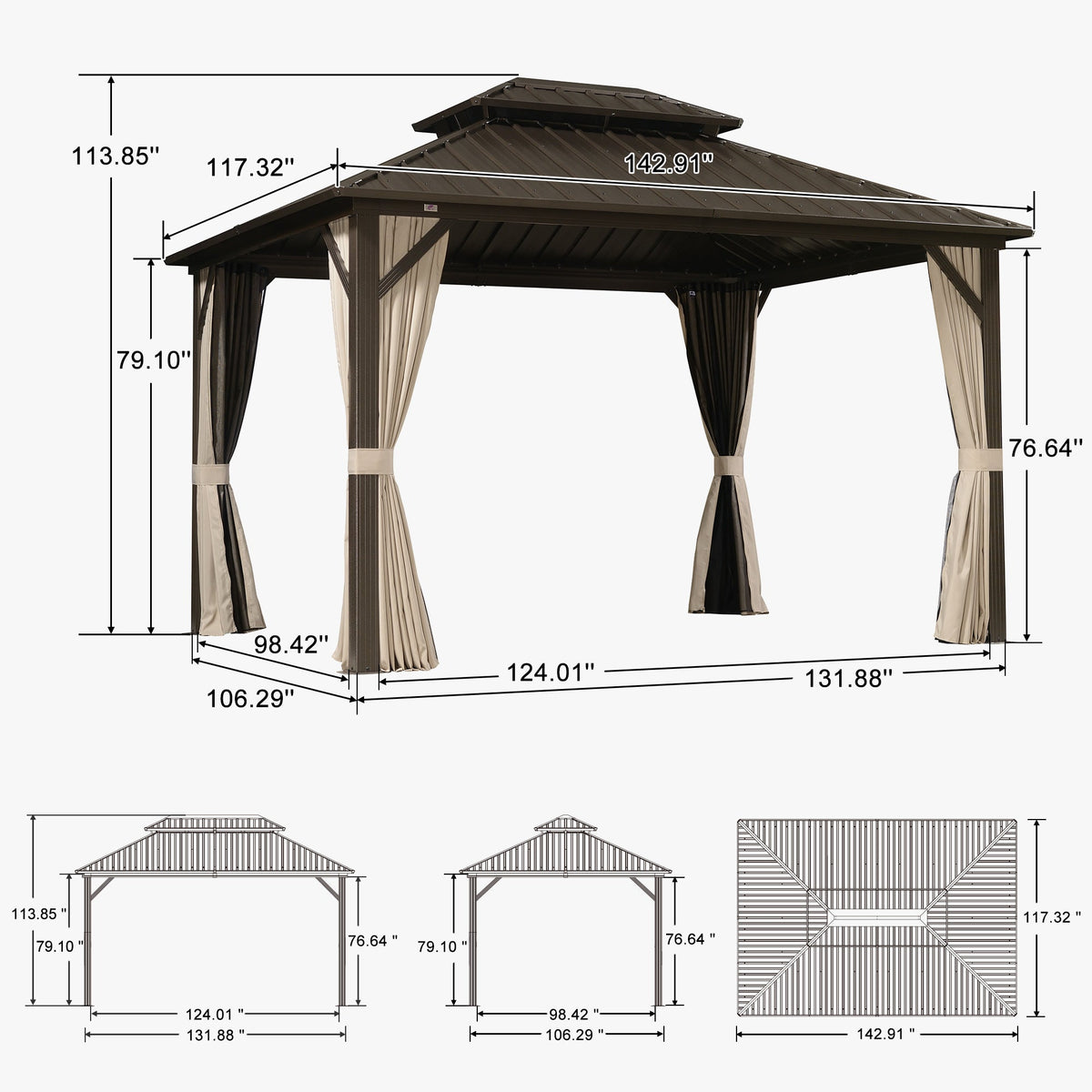 PURPLE LEAF Hardtop Gazebo Featuring Galvanized Steel Double Roof and Bronze Aluminum Frame with Curtains Netting and Reinforcement Support Rods