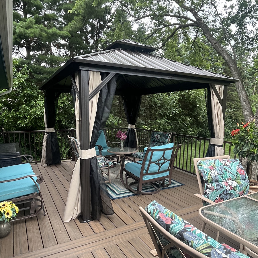 PURPLE LEAF Hardtop Gazebo Featuring Galvanized Steel Double Roof and Bronze Aluminum Frame with Curtains and Netting for Backyard with Lights-milky