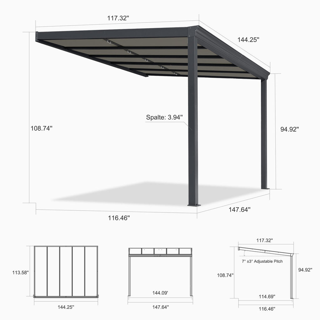 PURPLE LEAF Wall Mounted Gazebo with Gray Polycarbonate Roof Aluminum Frame Patio Cover with Retractable Pleated Shades for Porch