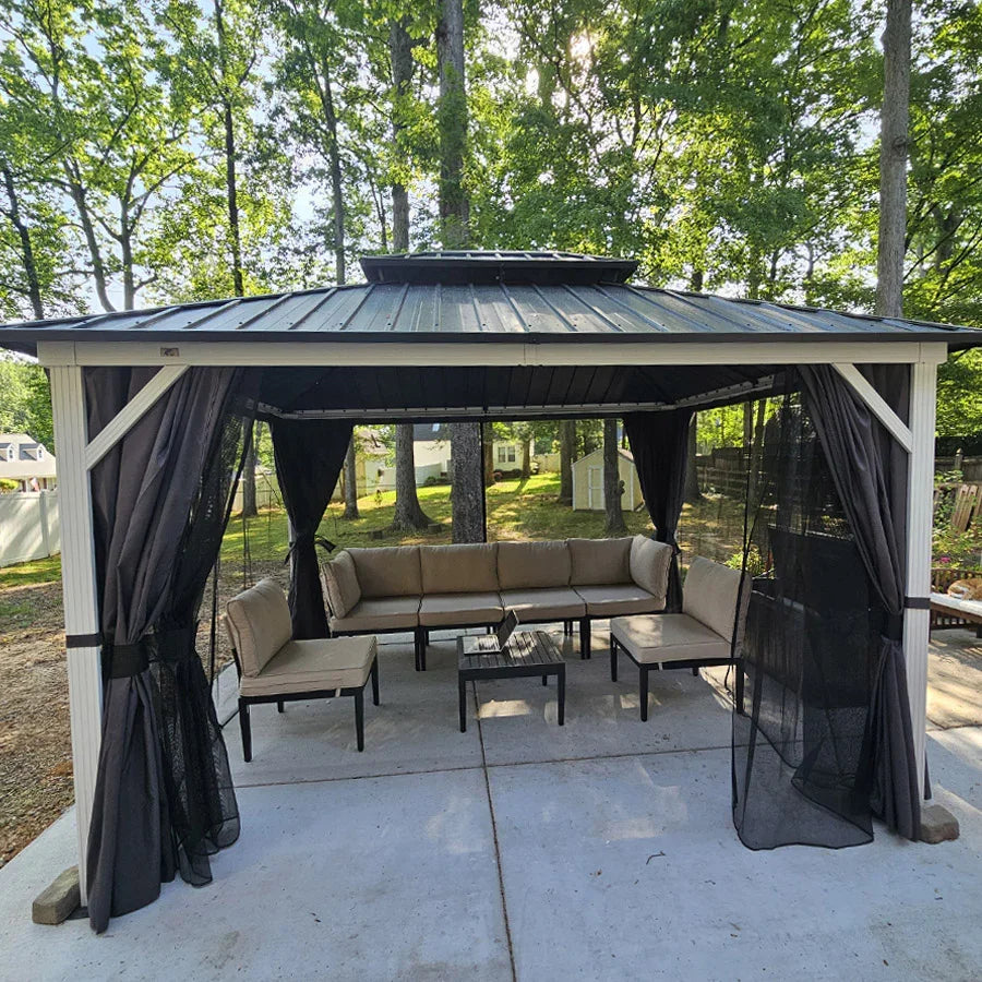 PURPLE LEAF Modern Gazebo Grey Hardtop Galvanized Steel Double Roof White Aluminum Poles with Curtains and Netting with Lights-clear