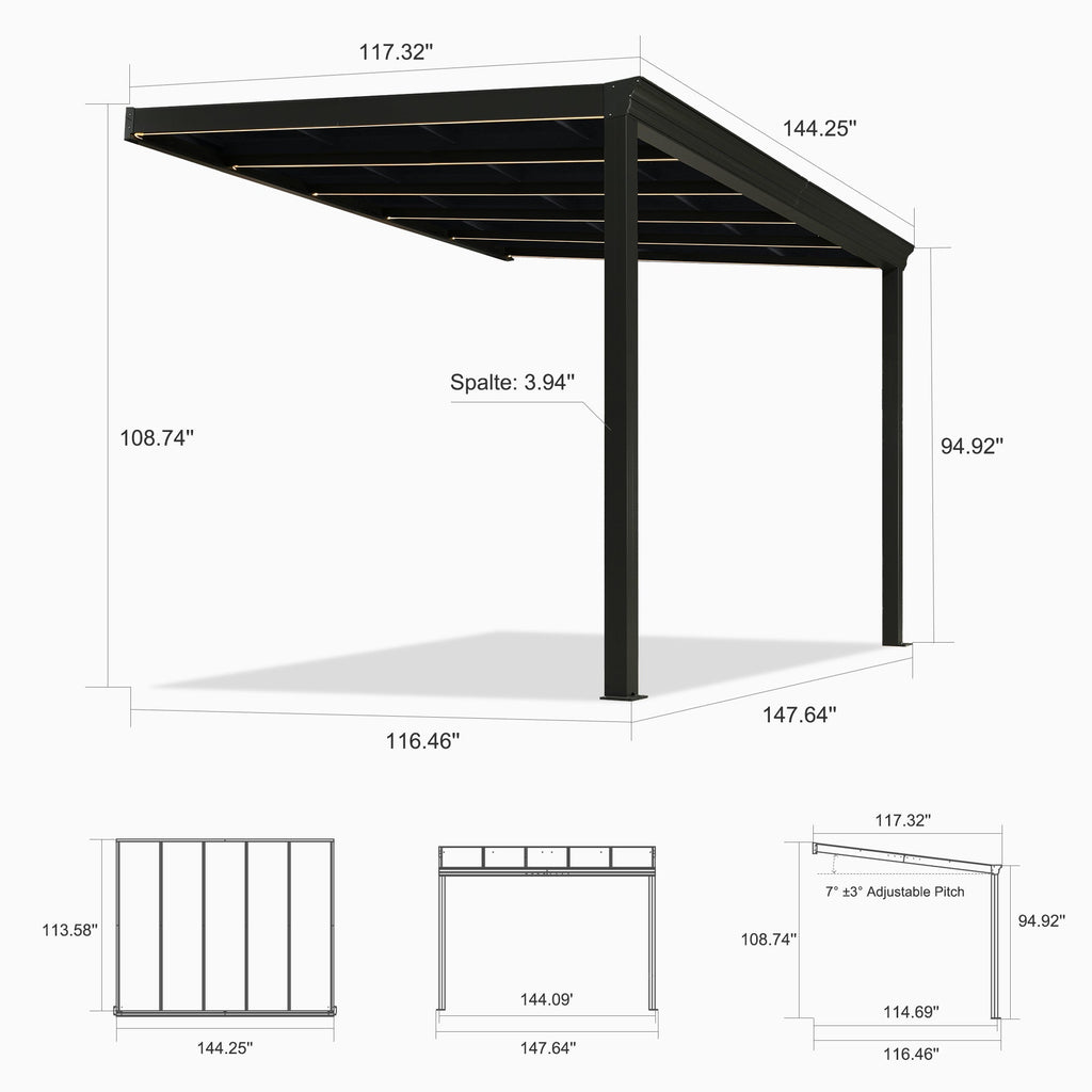 PURPLE LEAF Wall Mounted Gazebo with Gray Polycarbonate Roof Aluminum Frame Patio Cover with Strip Light for Porch