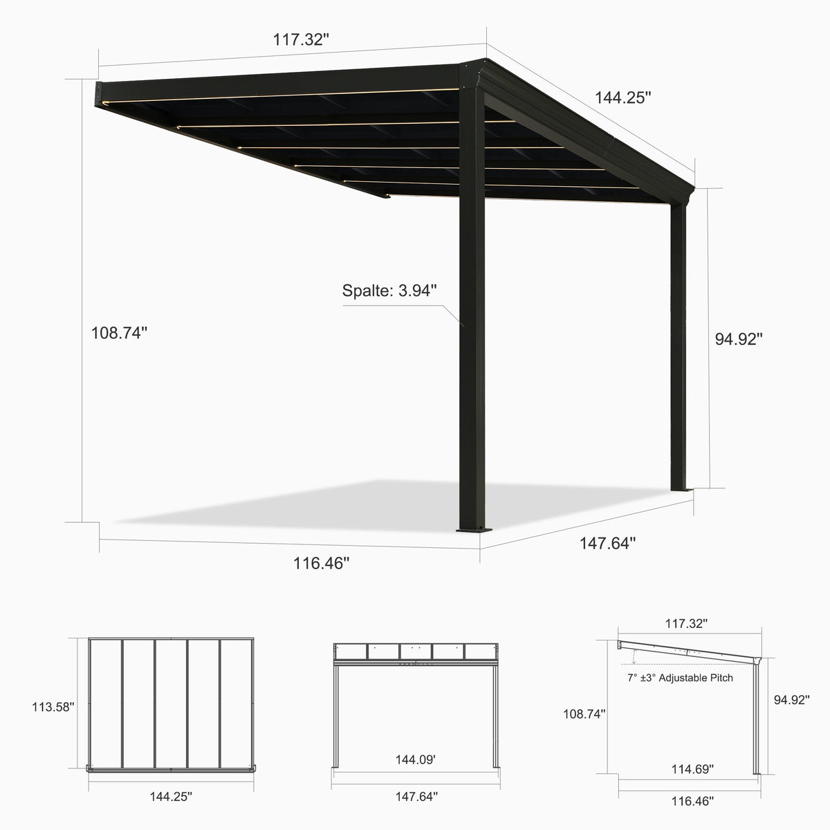 PURPLE LEAF Wall Mounted Gazebo with Gray Polycarbonate Roof Aluminum Frame Patio Cover with Strip Light for Porch