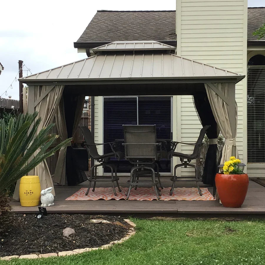 PURPLE LEAF Deck Gazebo Champagne Hardtop Metal Frame Double Roof with Curtains and Netting with Lights-milky