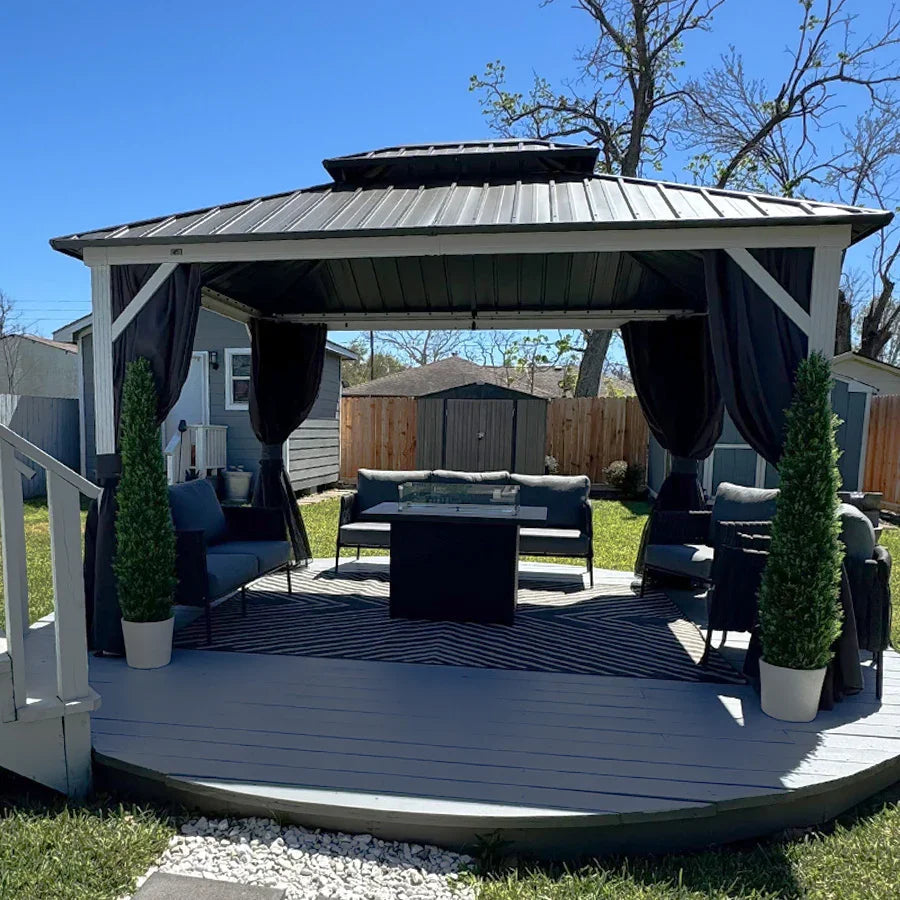 PURPLE LEAF Modern Gazebo Grey Hardtop Galvanized Steel Double Roof White Aluminum Poles with Curtains and Netting with Lights-milky