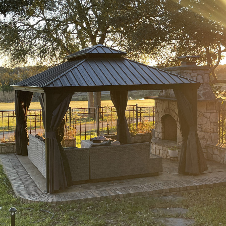 PURPLE LEAF Patio Gazebo for Backyard Grey Hardtop Galvanized Steel Roof Awning with Upgrade Curtain