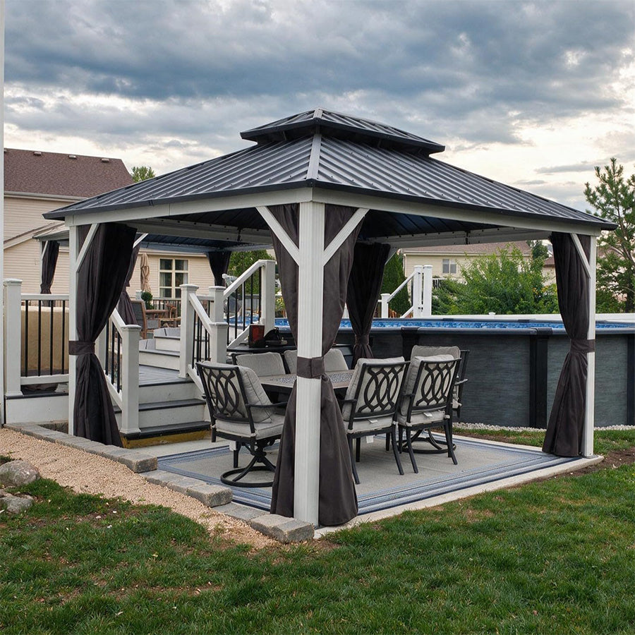 PURPLE LEAF Modern Gazebo Grey Hardtop Galvanized Steel Double Roof White Aluminum Poles with Curtains and Netting with Lights-clear