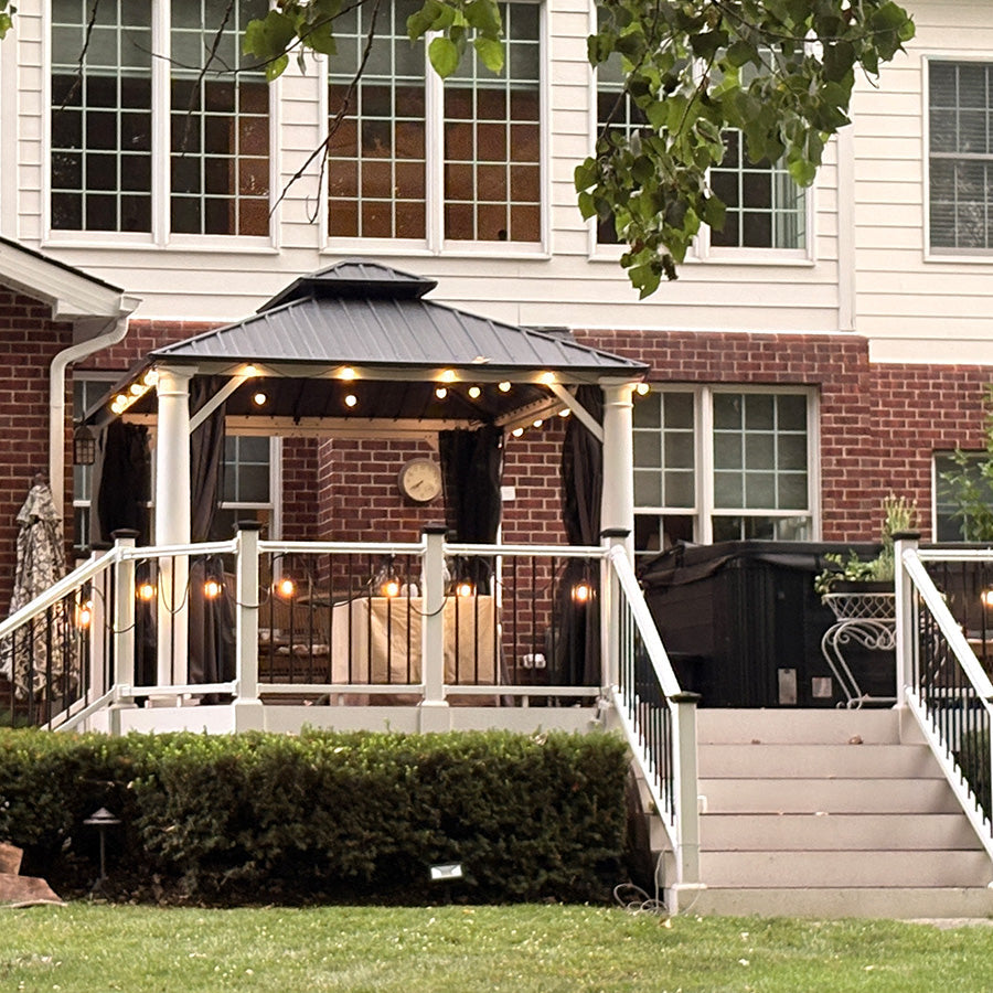 PURPLE LEAF Modern Gazebo Grey Hardtop Galvanized Steel Double Roof White Aluminum Poles with Curtains and Netting with Lights-clear