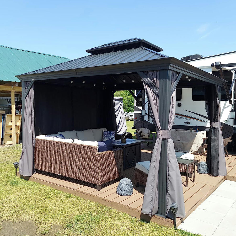 PURPLE LEAF Patio Gazebo for Backyard Grey Hardtop Galvanized Steel Roof Awning with Upgrade Curtain