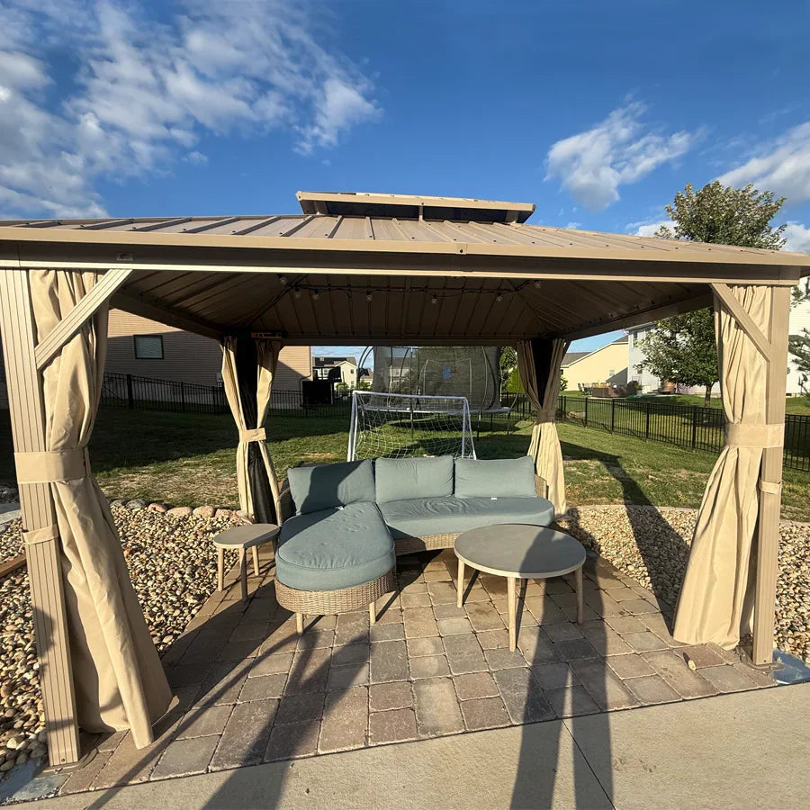 PURPLE LEAF Deck Gazebo Champagne Hardtop Metal Frame Double Roof with Curtains and Netting with Lights-clear