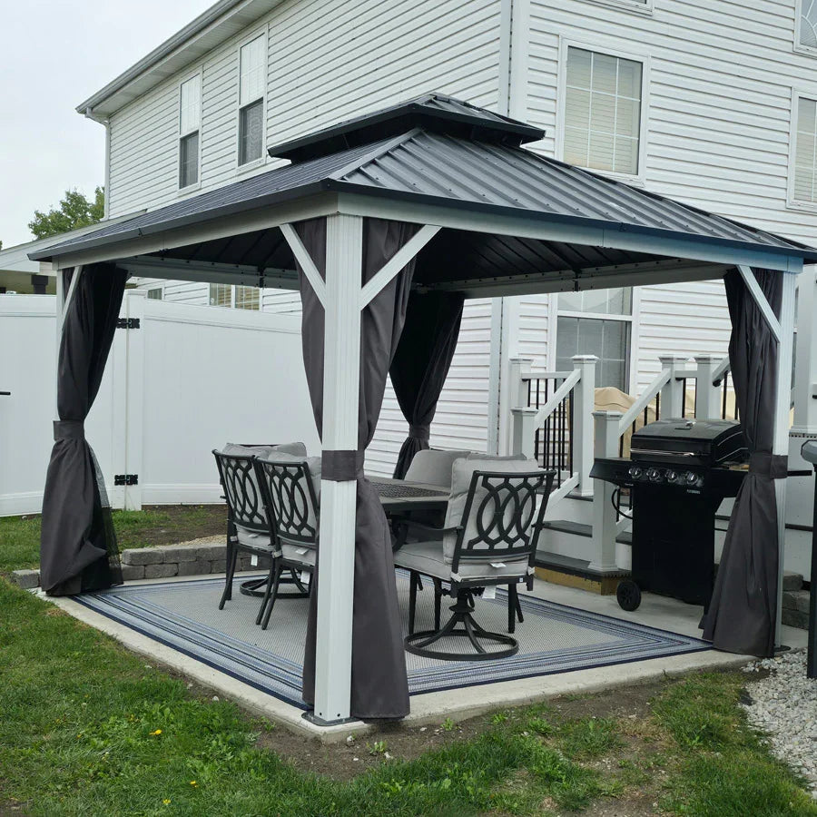 PURPLE LEAF Modern Gazebo Grey Hardtop Galvanized Steel Double Roof White Aluminum Poles with Curtains and Netting with Lights-milky