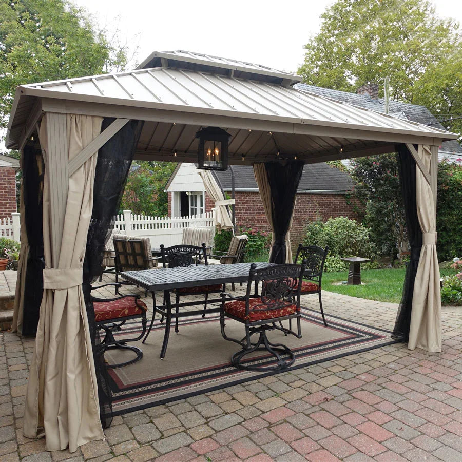 PURPLE LEAF Deck Gazebo Champagne Hardtop Metal Frame Double Roof with Curtains and Netting
