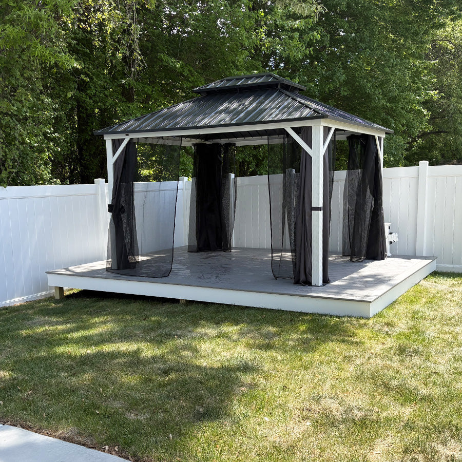 PURPLE LEAF Modern Gazebo Grey Hardtop Galvanized Steel Double Roof White Aluminum Poles with Curtains and Netting