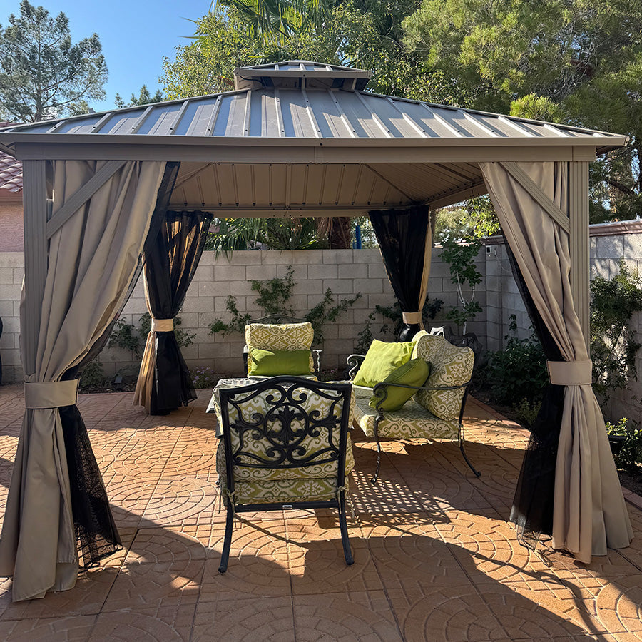 PURPLE LEAF Deck Gazebo Champagne Hardtop Metal Frame Double Roof with Curtains and Netting with Lights-clear