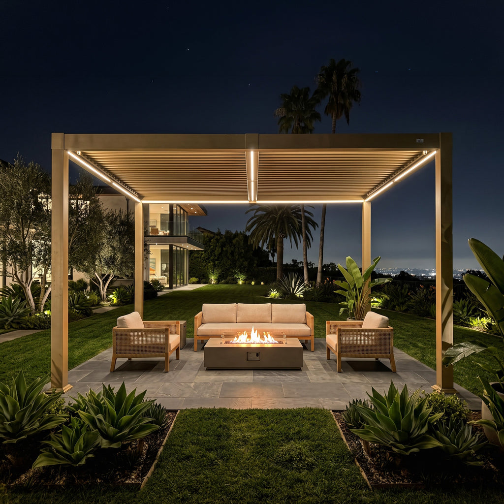 PURPLE LEAF Caesar Solar Louvered Pergola with LED Strip Lights and Control Panel Aluminum Outdoor Pergola with Adjustable Roof for Patio Deck Garden Yard Champagne
